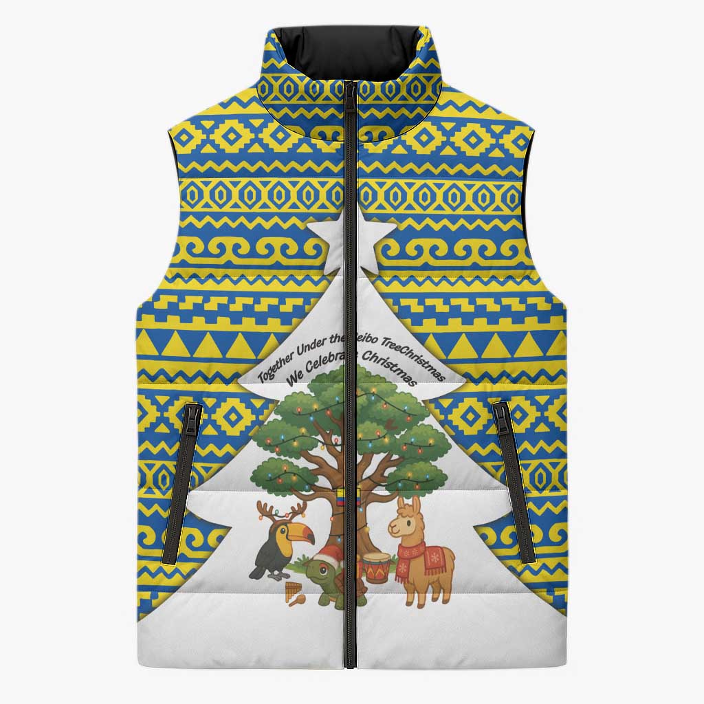 Ecuador Christmas Sleeveless Puffer Jacket with Ceibo Tree Llama Toucan and Traditional Yellow Blue Pattern Design - Wonder Print Shop
