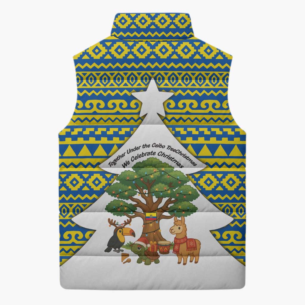 Ecuador Christmas Sleeveless Puffer Jacket with Ceibo Tree Llama Toucan and Traditional Yellow Blue Pattern Design - Wonder Print Shop