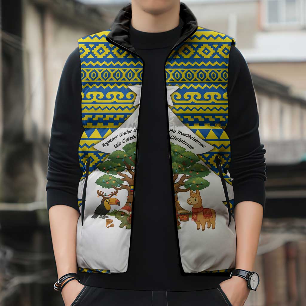 Ecuador Christmas Sleeveless Puffer Jacket with Ceibo Tree Llama Toucan and Traditional Yellow Blue Pattern Design - Wonder Print Shop