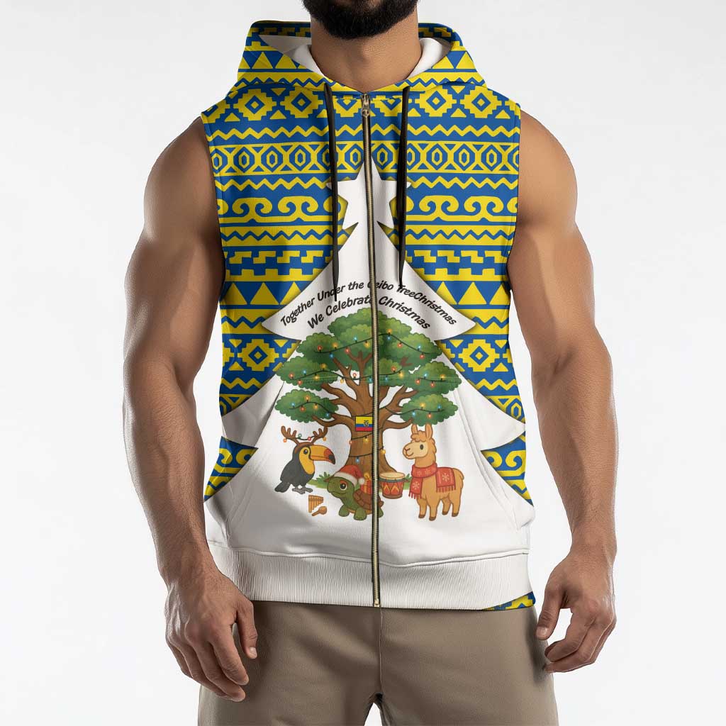 Ecuador Christmas Sleeveless Zip Hoodie with Ceibo Tree Llama Toucan and Traditional Yellow Blue Pattern Design - Wonder Print Shop