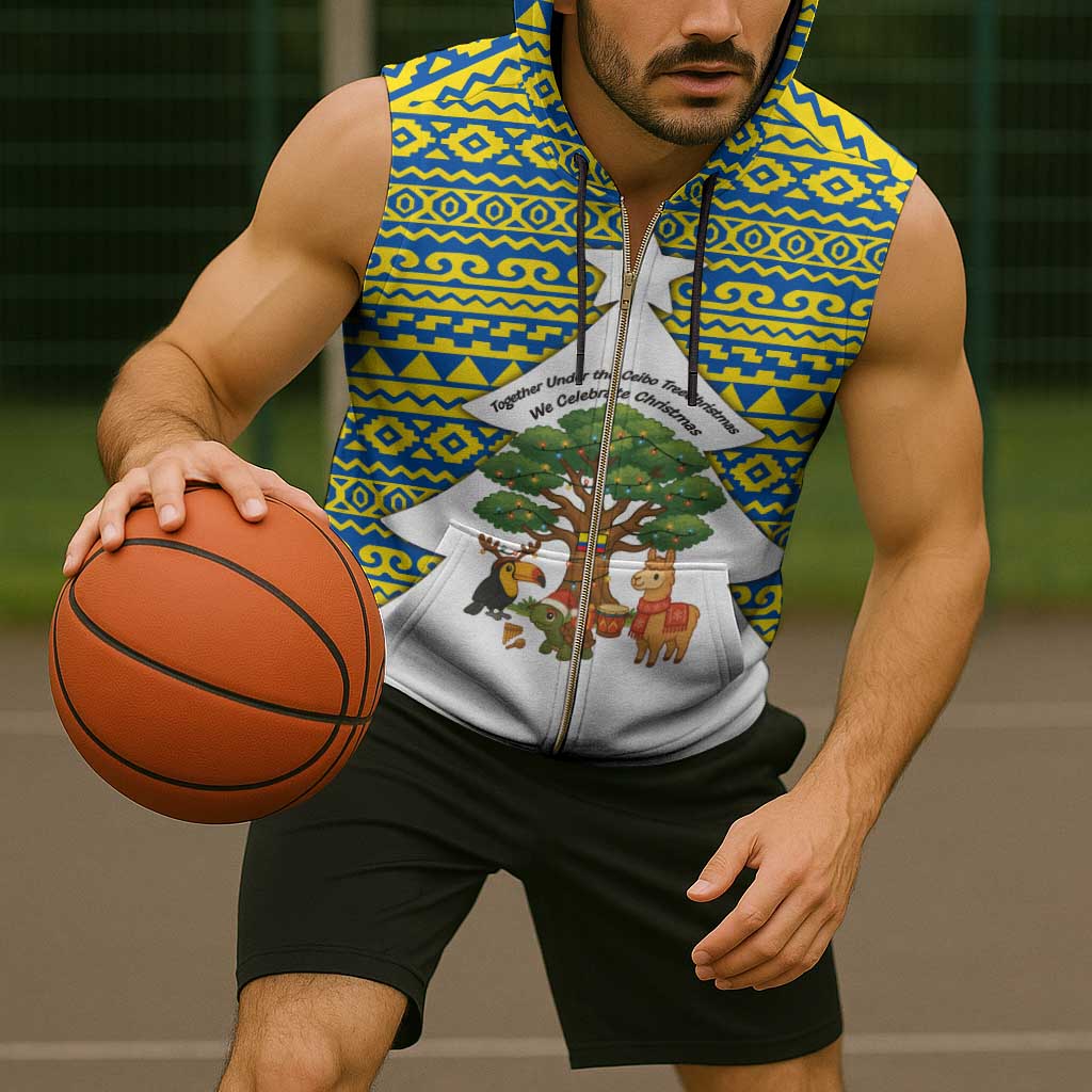 Ecuador Christmas Sleeveless Zip Hoodie with Ceibo Tree Llama Toucan and Traditional Yellow Blue Pattern Design - Wonder Print Shop