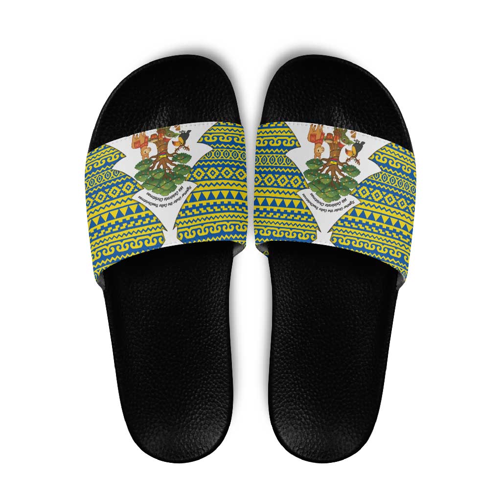 Ecuador Christmas Slide Sandals with Ceibo Tree Llama Toucan and Traditional Yellow Blue Pattern Design - Wonder Print Shop