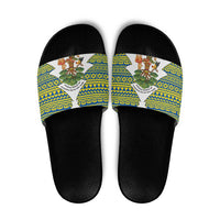 Ecuador Christmas Slide Sandals with Ceibo Tree Llama Toucan and Traditional Yellow Blue Pattern Design - Wonder Print Shop