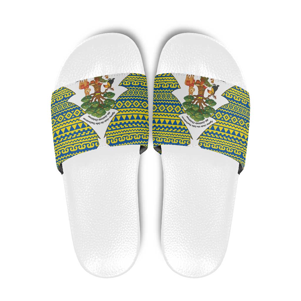Ecuador Christmas Slide Sandals with Ceibo Tree Llama Toucan and Traditional Yellow Blue Pattern Design - Wonder Print Shop