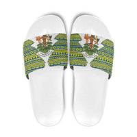Ecuador Christmas Slide Sandals with Ceibo Tree Llama Toucan and Traditional Yellow Blue Pattern Design - Wonder Print Shop