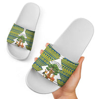 Ecuador Christmas Slide Sandals with Ceibo Tree Llama Toucan and Traditional Yellow Blue Pattern Design - Wonder Print Shop