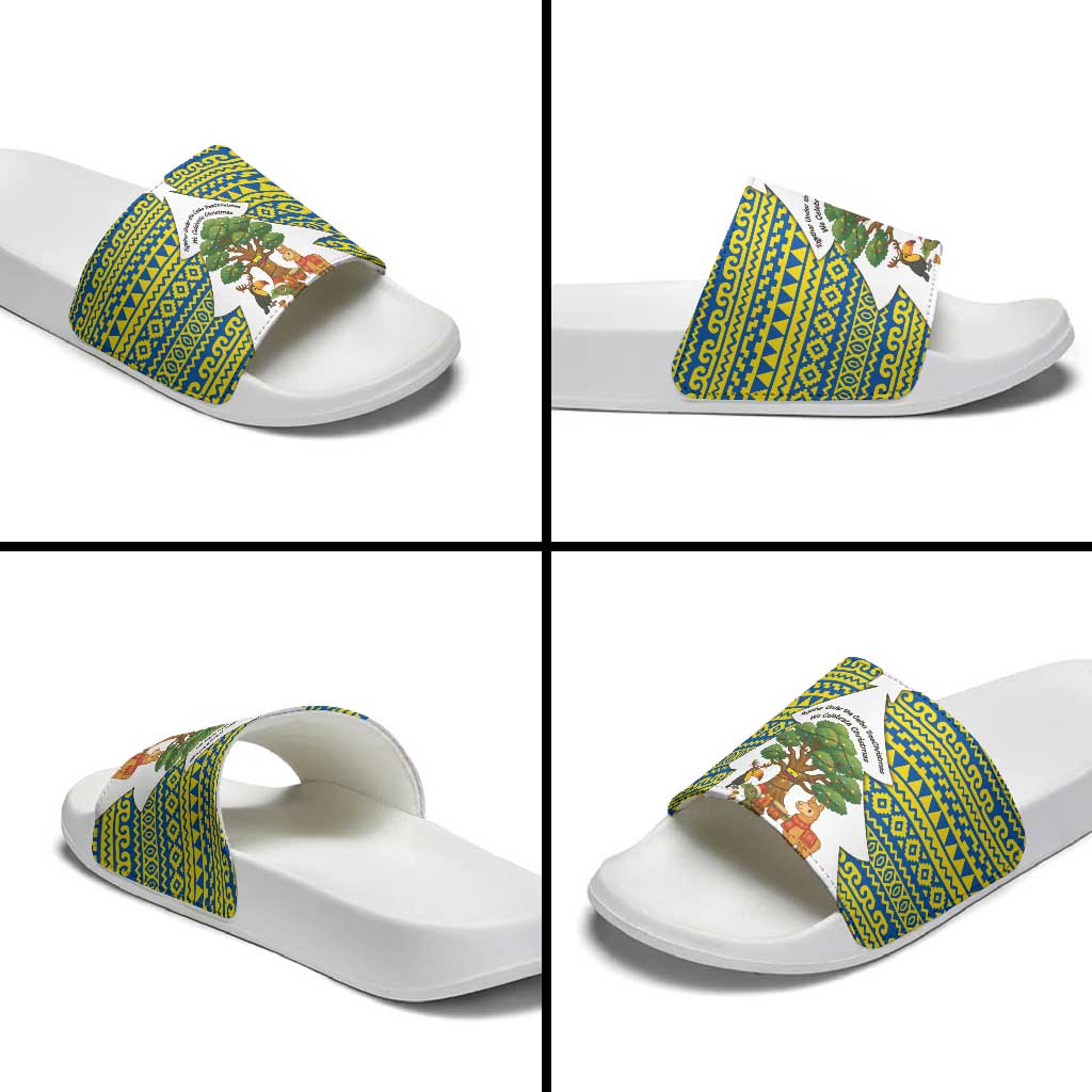 Ecuador Christmas Slide Sandals with Ceibo Tree Llama Toucan and Traditional Yellow Blue Pattern Design - Wonder Print Shop
