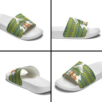 Ecuador Christmas Slide Sandals with Ceibo Tree Llama Toucan and Traditional Yellow Blue Pattern Design - Wonder Print Shop
