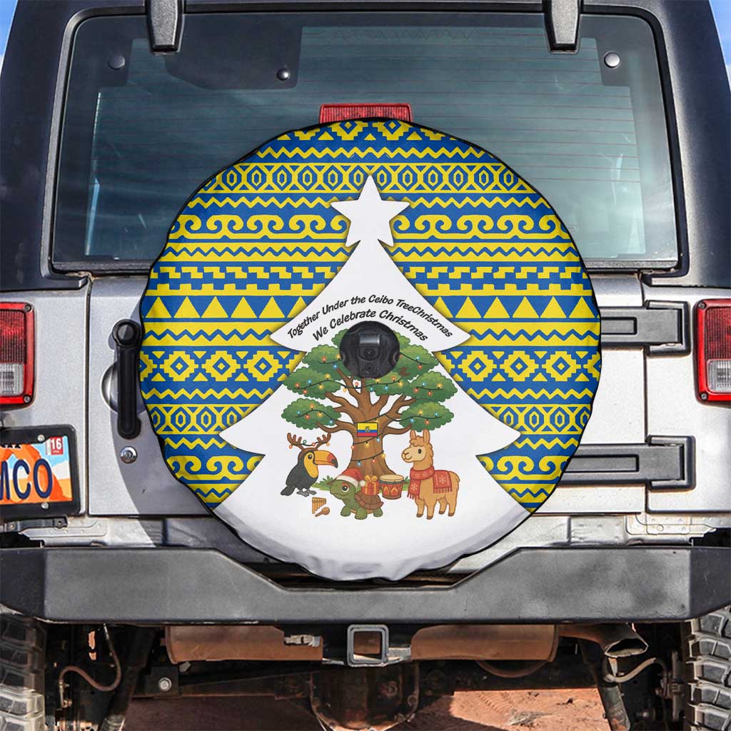 Ecuador Christmas Spare Tire Cover with Ceibo Tree Llama Toucan and Traditional Yellow Blue Pattern Design - Wonder Print Shop