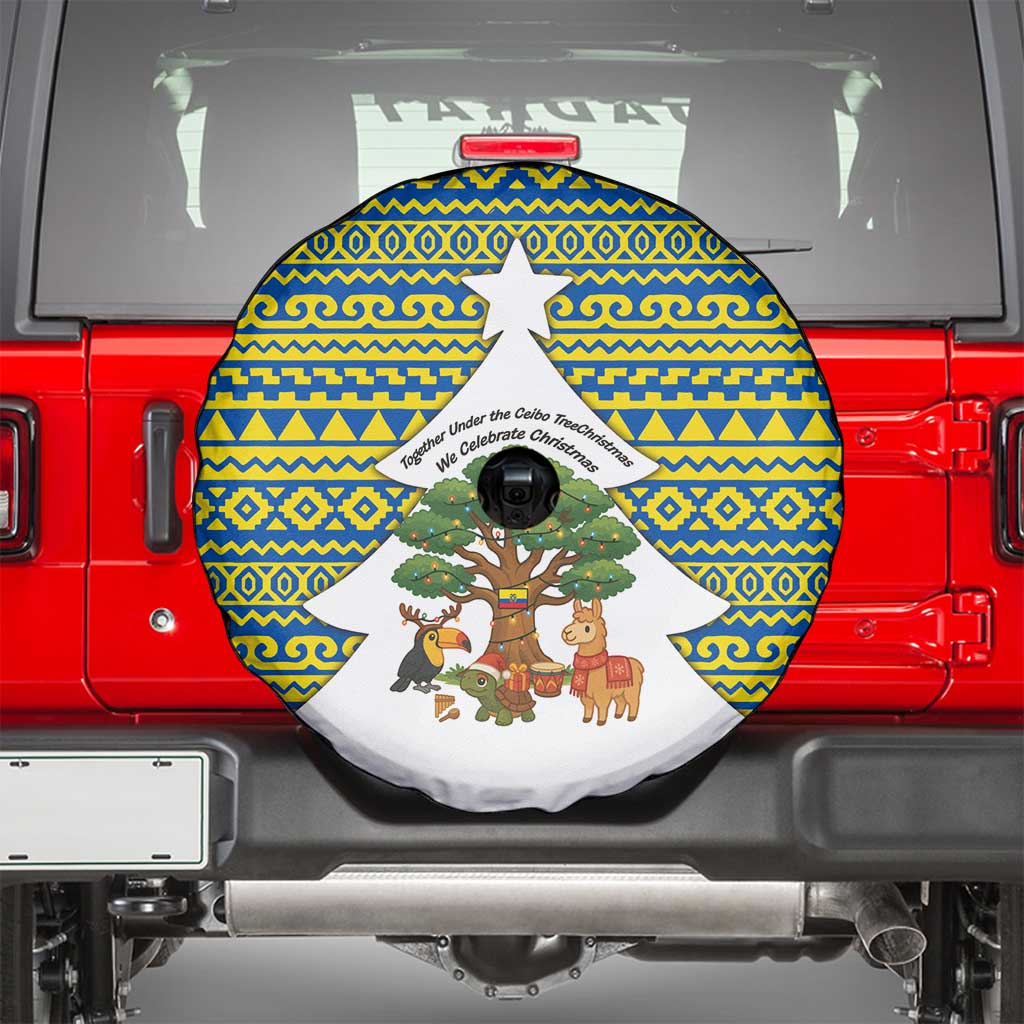 Ecuador Christmas Spare Tire Cover with Ceibo Tree Llama Toucan and Traditional Yellow Blue Pattern Design - Wonder Print Shop