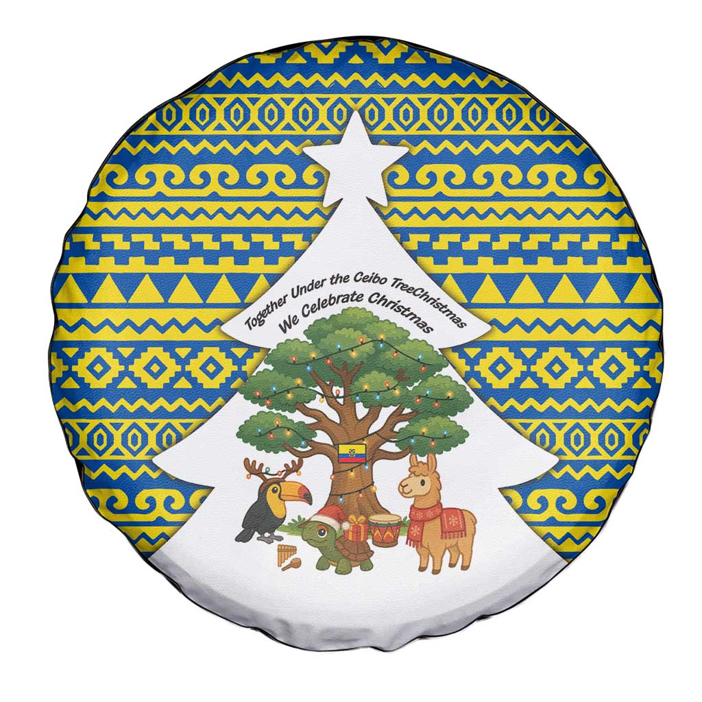 Ecuador Christmas Spare Tire Cover with Ceibo Tree Llama Toucan and Traditional Yellow Blue Pattern Design - Wonder Print Shop