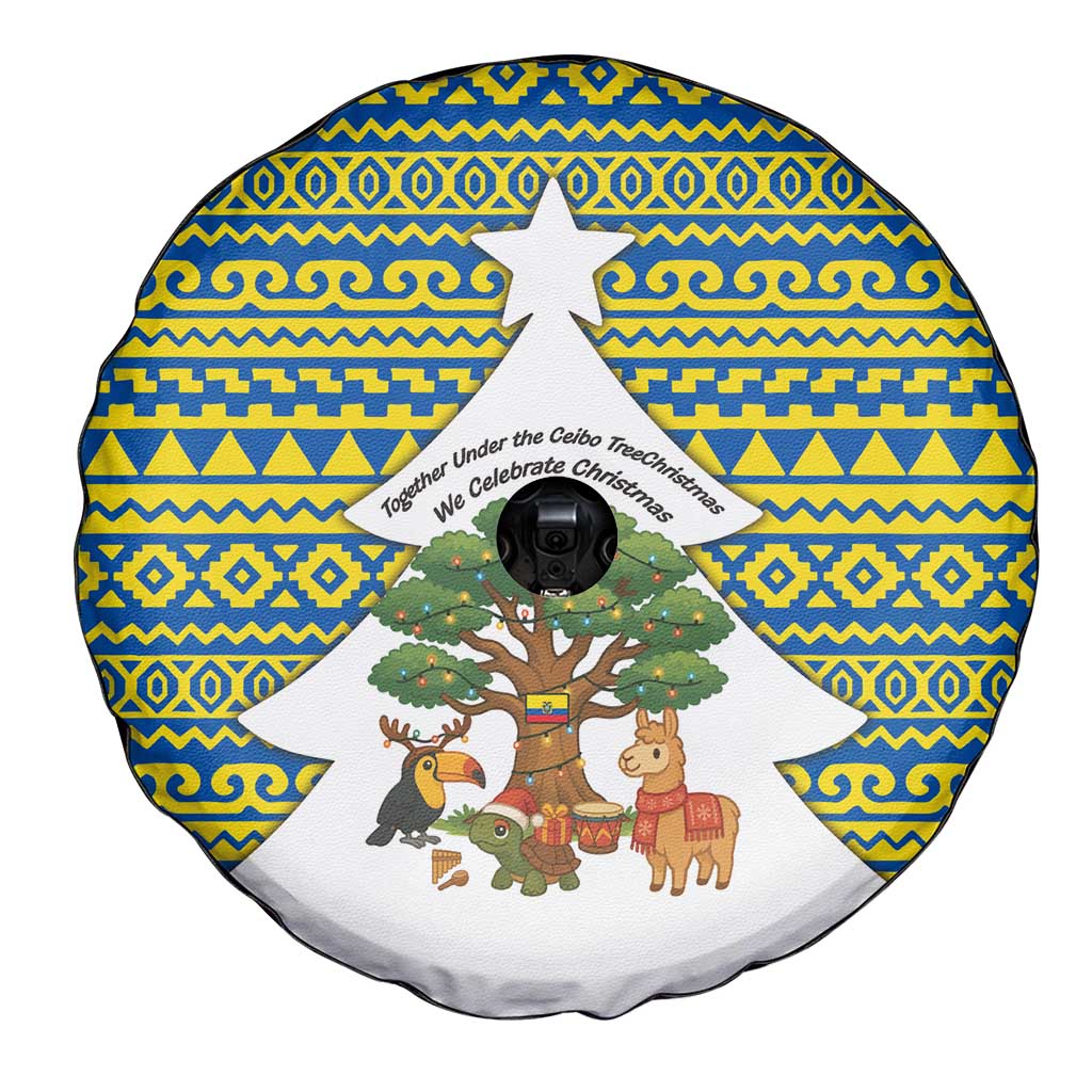 Ecuador Christmas Spare Tire Cover with Ceibo Tree Llama Toucan and Traditional Yellow Blue Pattern Design - Wonder Print Shop