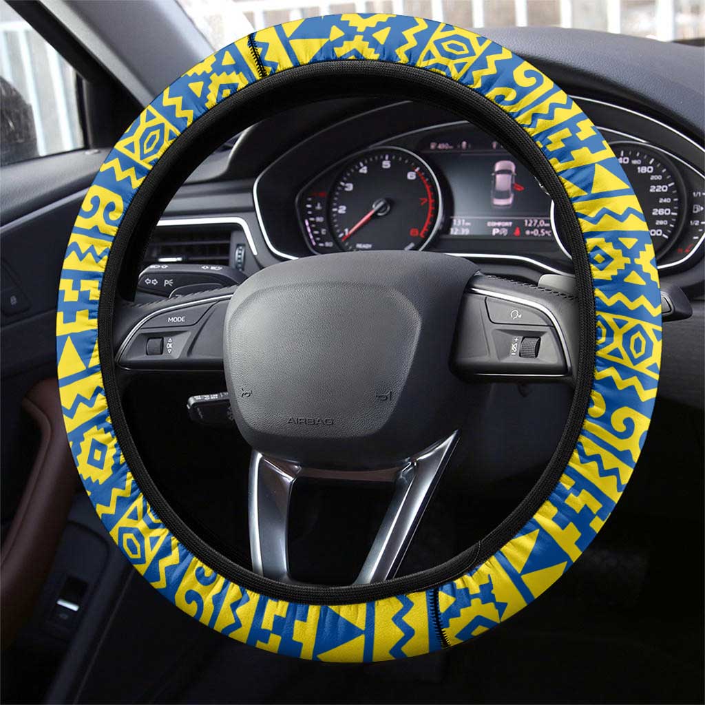 Ecuador Christmas Steering Wheel Cover with Ceibo Tree Llama Toucan and Traditional Yellow Blue Pattern Design - Wonder Print Shop