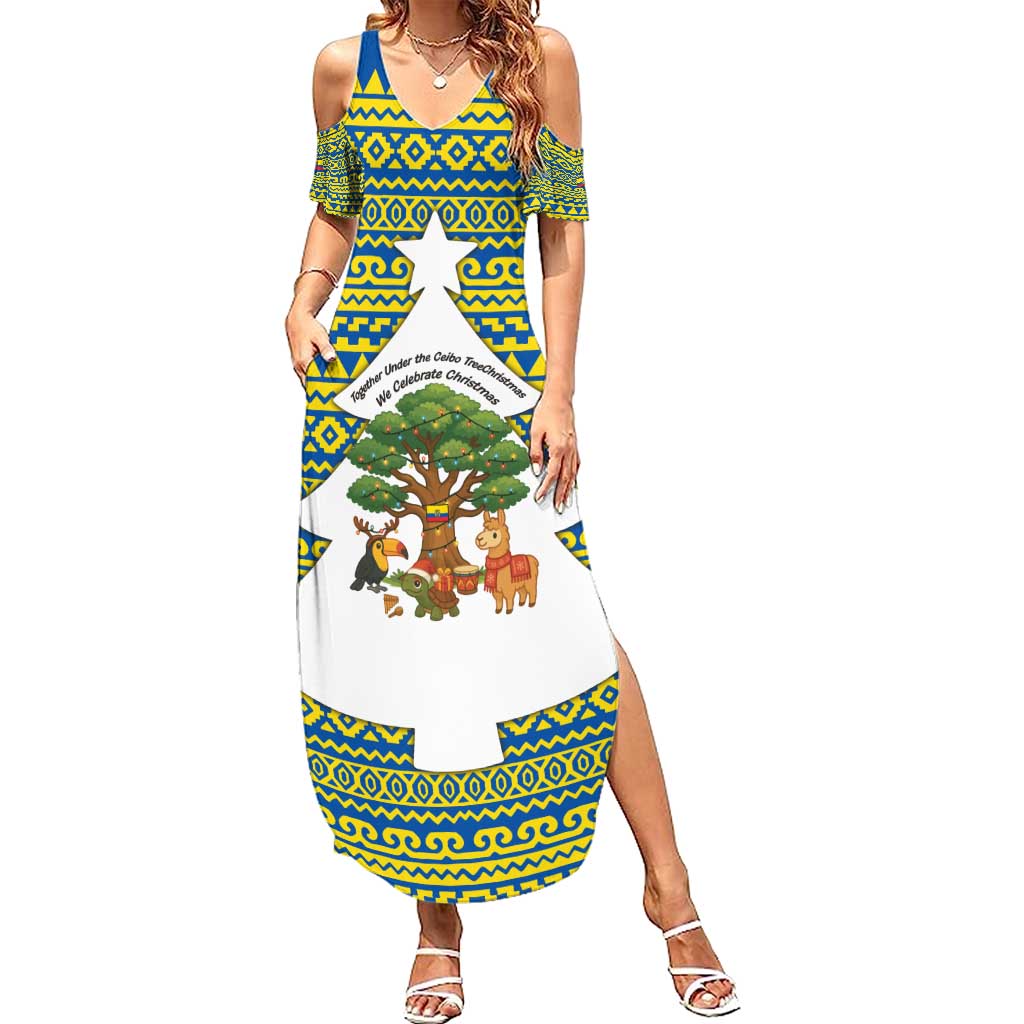 Ecuador Christmas Summer Maxi Dress with Ceibo Tree Llama Toucan and Traditional Yellow Blue Pattern Design - Wonder Print Shop