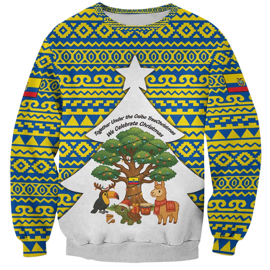 Ecuador Christmas Sweatshirt with Ceibo Tree Llama Toucan and Traditional Yellow Blue Pattern Design - Wonder Print Shop