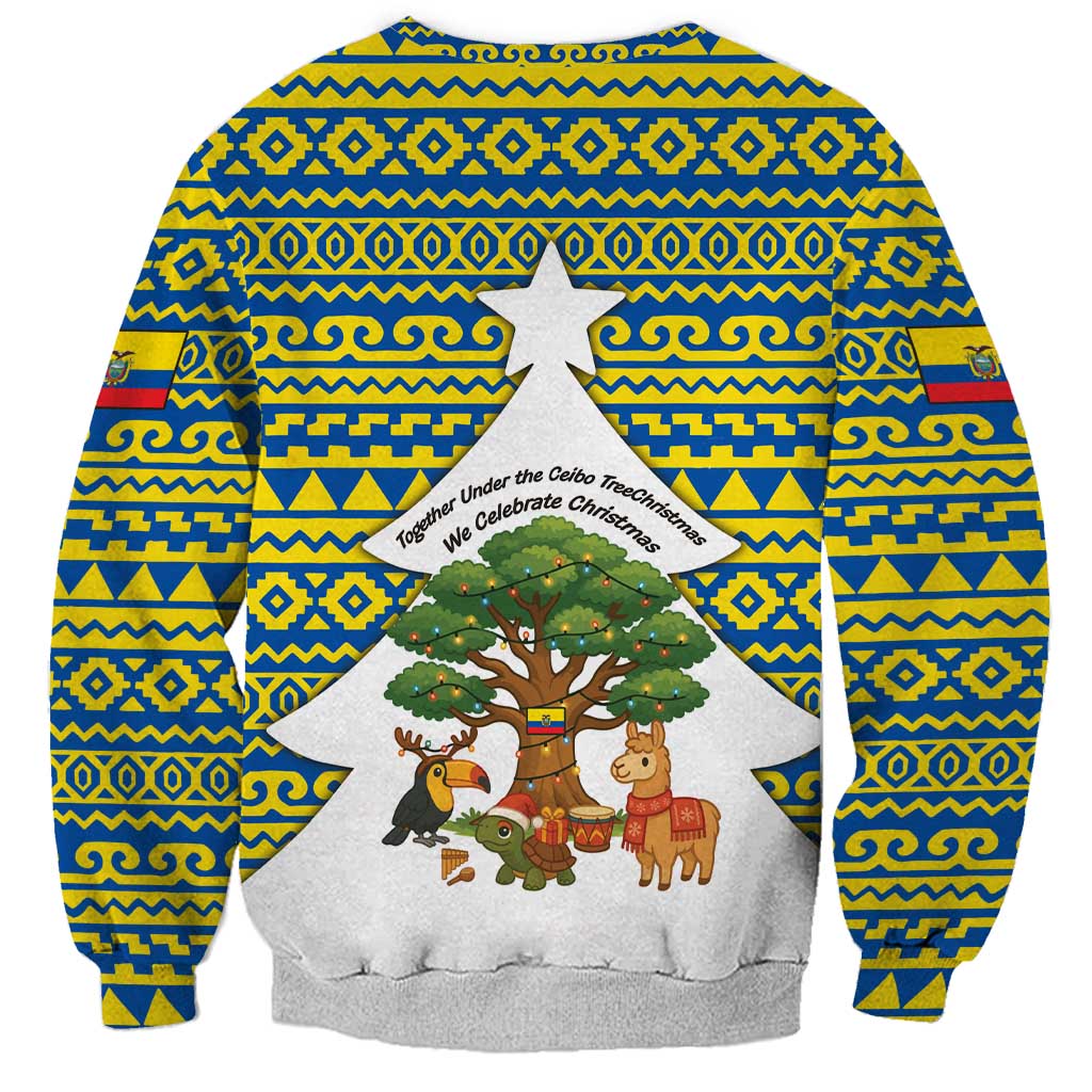 Ecuador Christmas Sweatshirt with Ceibo Tree Llama Toucan and Traditional Yellow Blue Pattern Design - Wonder Print Shop