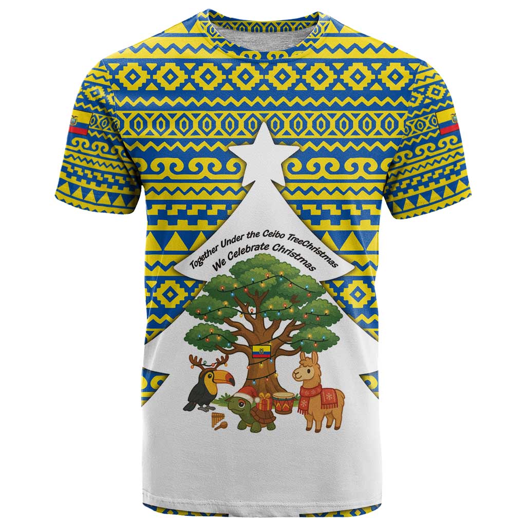Ecuador Christmas T Shirt with Ceibo Tree Llama Toucan and Traditional Yellow Blue Pattern Design - Wonder Print Shop