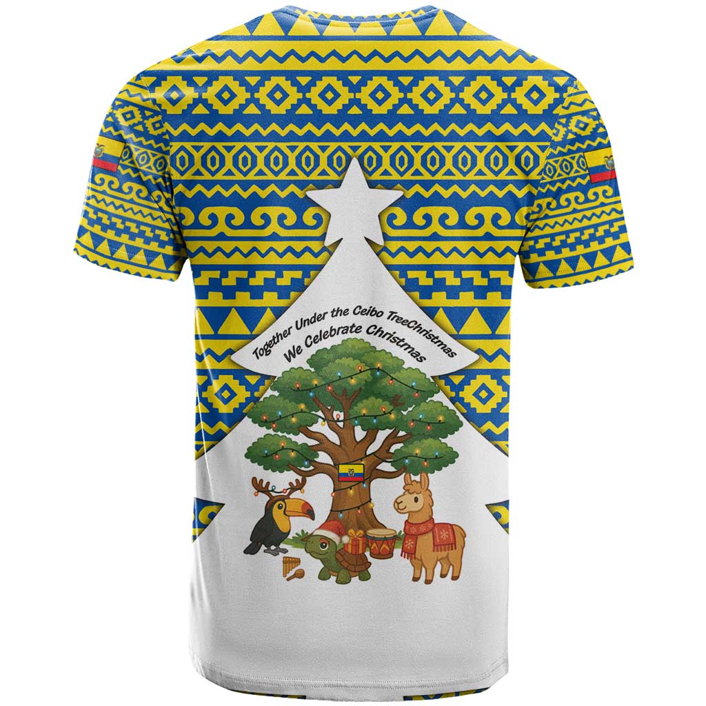 Ecuador Christmas T Shirt with Ceibo Tree Llama Toucan and Traditional Yellow Blue Pattern Design - Wonder Print Shop