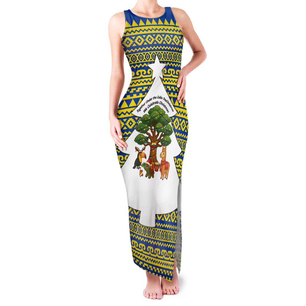 Ecuador Christmas Tank Maxi Dress with Ceibo Tree Llama Toucan and Traditional Yellow Blue Pattern Design - Wonder Print Shop