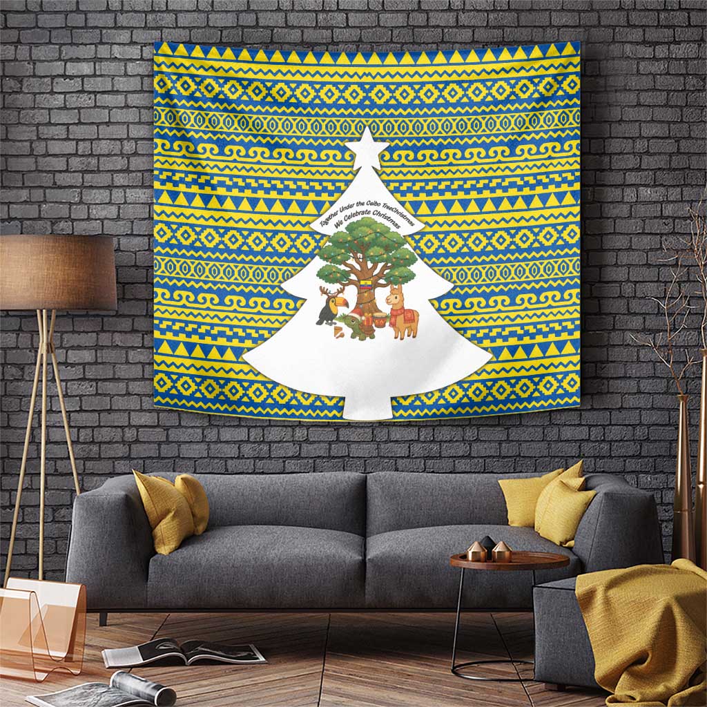 Ecuador Christmas Tapestry with Ceibo Tree Llama Toucan and Traditional Yellow Blue Pattern Design - Wonder Print Shop