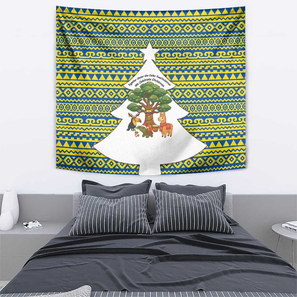 Ecuador Christmas Tapestry with Ceibo Tree Llama Toucan and Traditional Yellow Blue Pattern Design - Wonder Print Shop