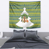 Ecuador Christmas Tapestry with Ceibo Tree Llama Toucan and Traditional Yellow Blue Pattern Design - Wonder Print Shop