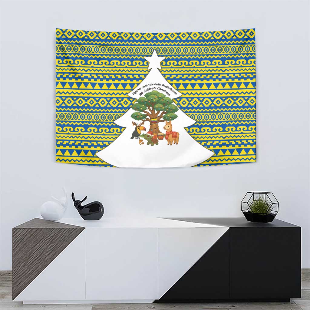 Ecuador Christmas Tapestry with Ceibo Tree Llama Toucan and Traditional Yellow Blue Pattern Design - Wonder Print Shop