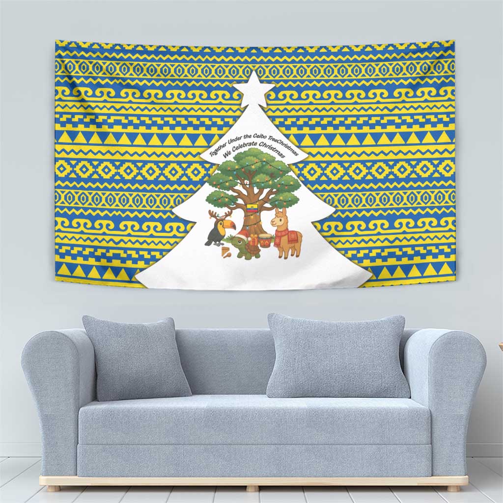 Ecuador Christmas Tapestry with Ceibo Tree Llama Toucan and Traditional Yellow Blue Pattern Design - Wonder Print Shop