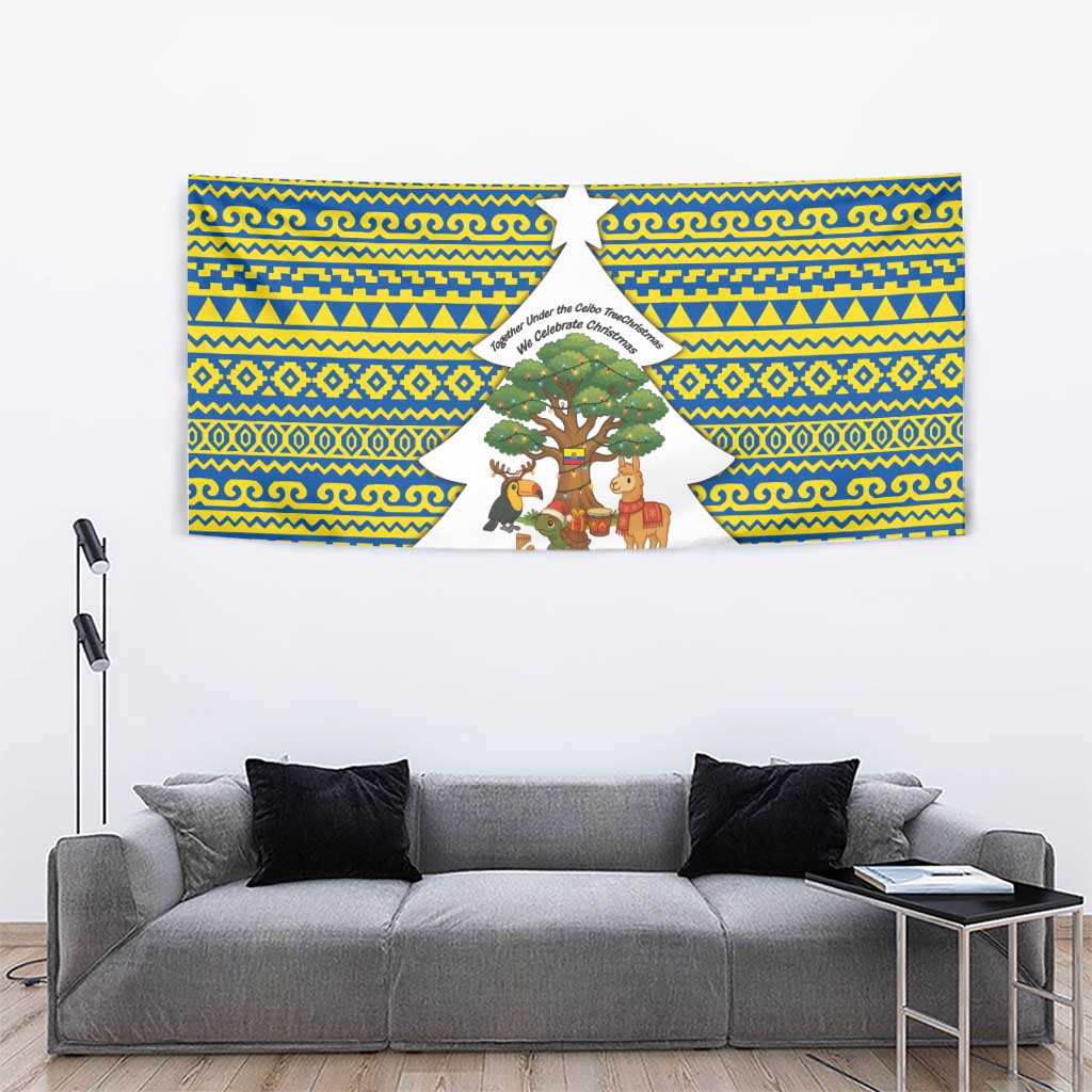 Ecuador Christmas Tapestry with Ceibo Tree Llama Toucan and Traditional Yellow Blue Pattern Design - Wonder Print Shop