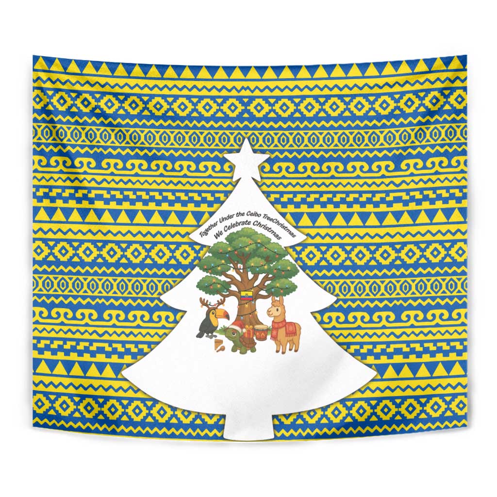 Ecuador Christmas Tapestry with Ceibo Tree Llama Toucan and Traditional Yellow Blue Pattern Design - Wonder Print Shop