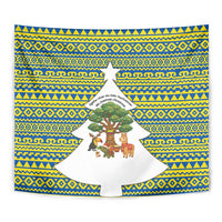 Ecuador Christmas Tapestry with Ceibo Tree Llama Toucan and Traditional Yellow Blue Pattern Design - Wonder Print Shop