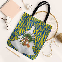 Ecuador Christmas Tote Bag with Ceibo Tree Llama Toucan and Traditional Yellow Blue Pattern Design - Wonder Print Shop