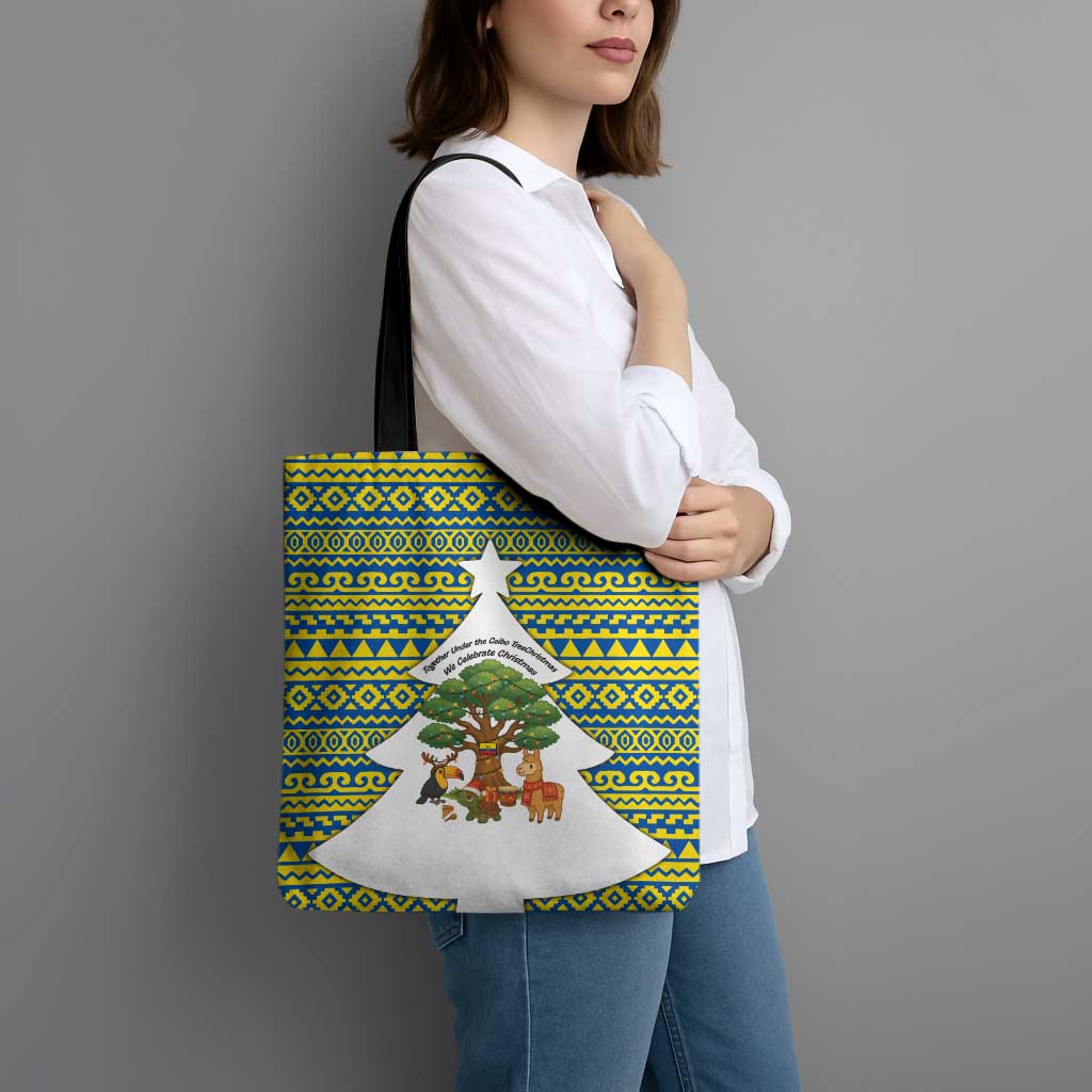 Ecuador Christmas Tote Bag with Ceibo Tree Llama Toucan and Traditional Yellow Blue Pattern Design - Wonder Print Shop