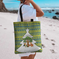 Ecuador Christmas Tote Bag with Ceibo Tree Llama Toucan and Traditional Yellow Blue Pattern Design - Wonder Print Shop