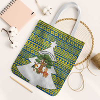 Ecuador Christmas Tote Bag with Ceibo Tree Llama Toucan and Traditional Yellow Blue Pattern Design - Wonder Print Shop