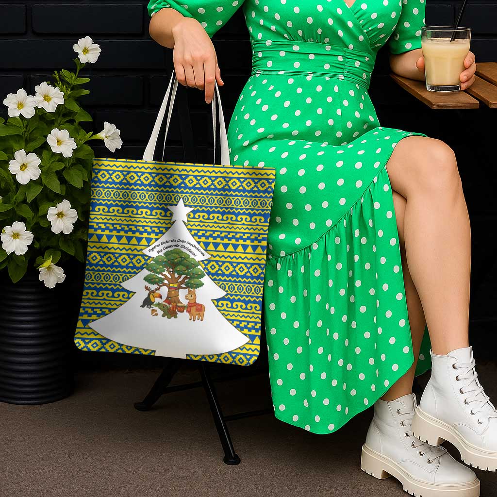 Ecuador Christmas Tote Bag with Ceibo Tree Llama Toucan and Traditional Yellow Blue Pattern Design - Wonder Print Shop