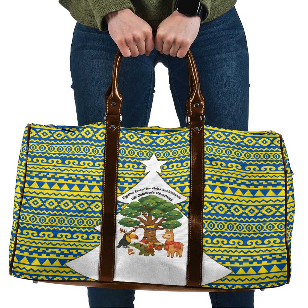 Ecuador Christmas Travel Bag with Ceibo Tree Llama Toucan and Traditional Yellow Blue Pattern Design - Wonder Print Shop