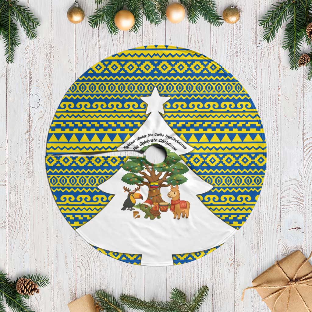Ecuador Christmas Tree Skirt with Ceibo Tree Llama Toucan and Traditional Yellow Blue Pattern Design - Wonder Print Shop