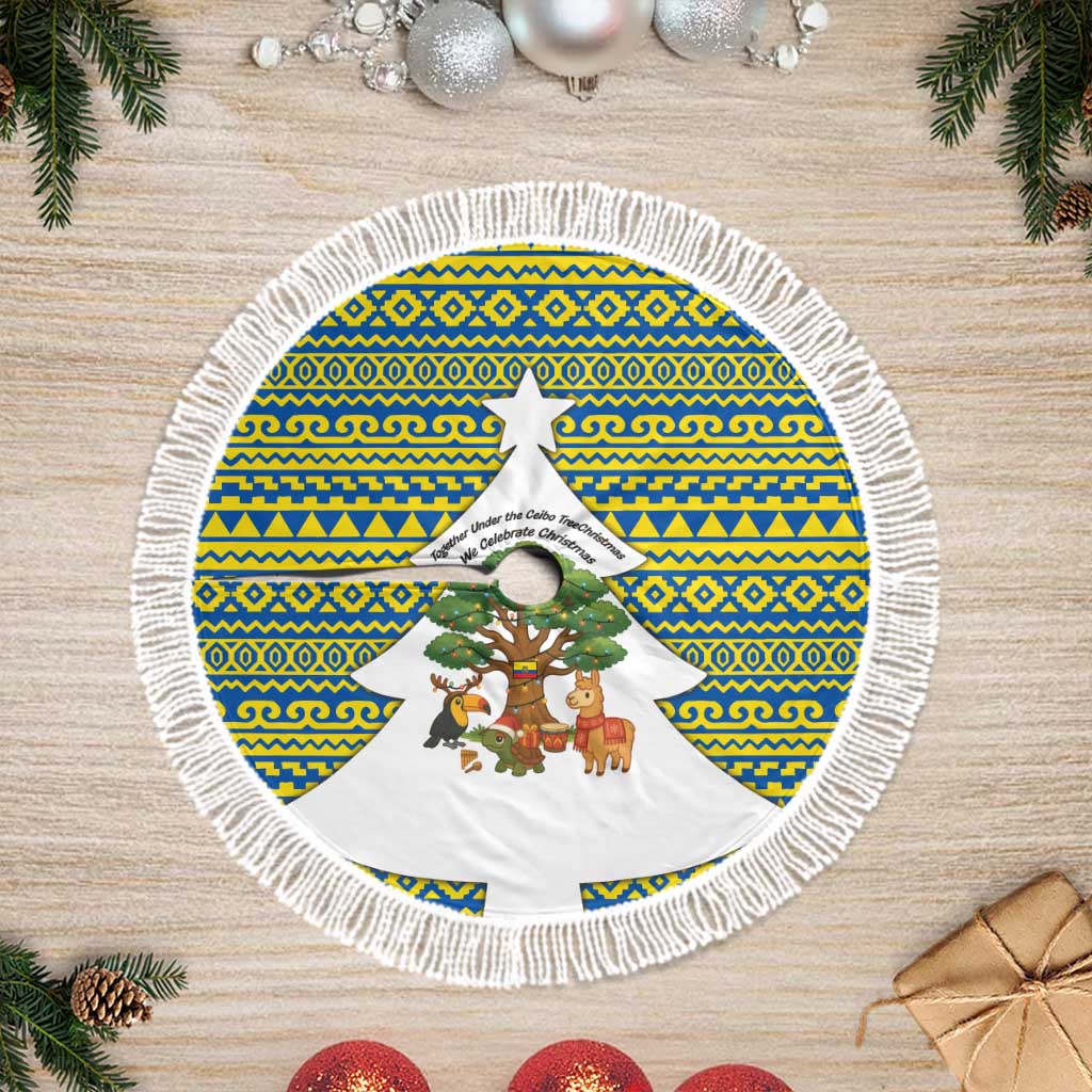 Ecuador Christmas Tree Skirt with Ceibo Tree Llama Toucan and Traditional Yellow Blue Pattern Design - Wonder Print Shop