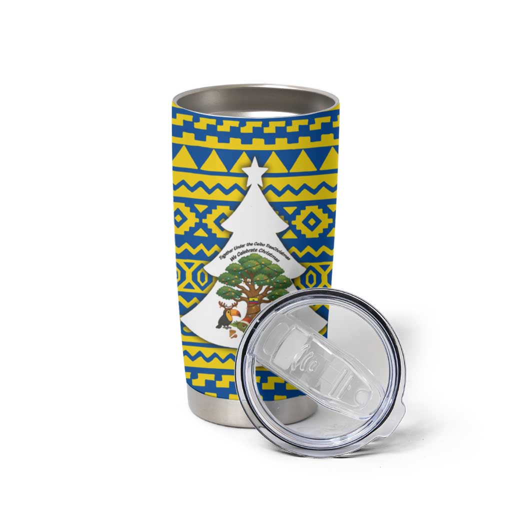 Ecuador Christmas Tumbler Cup with Ceibo Tree Llama Toucan and Traditional Yellow Blue Pattern Design - Wonder Print Shop