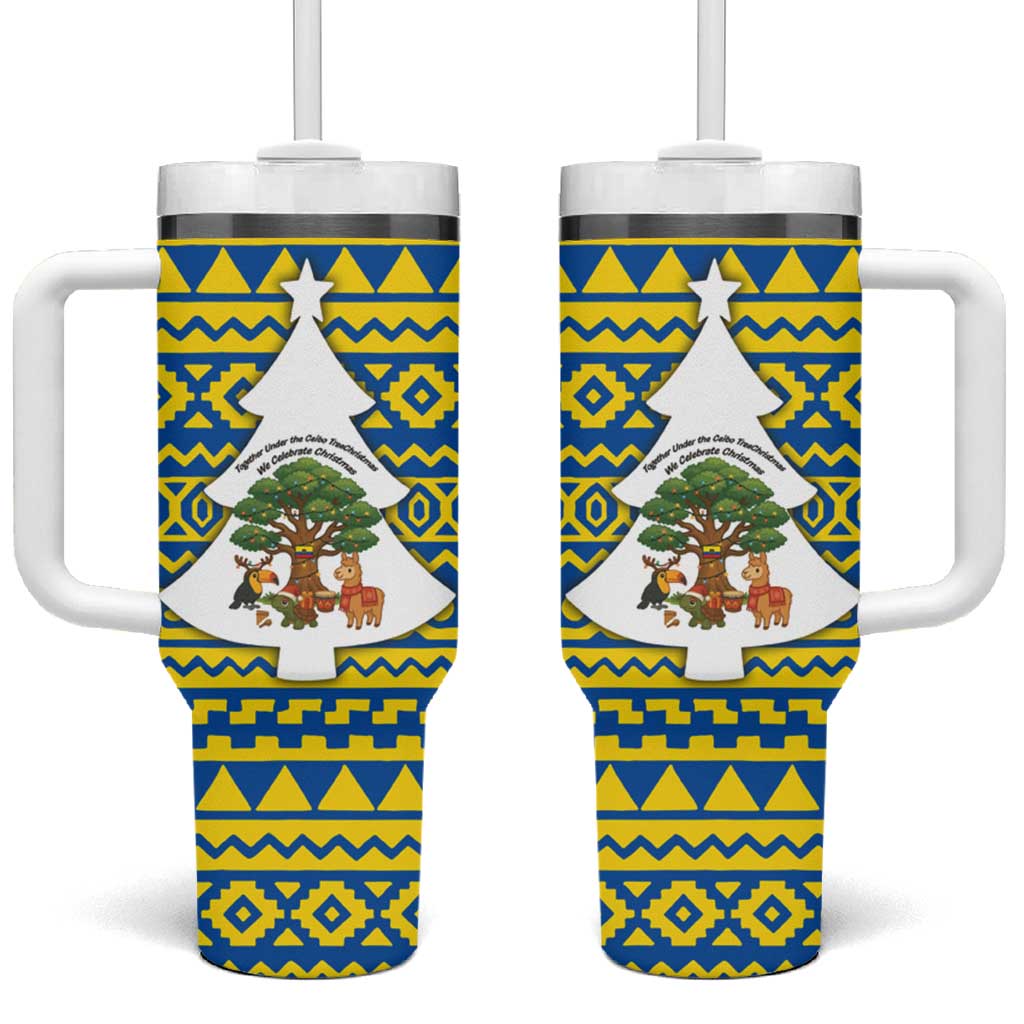 Ecuador Christmas Tumbler With Handle with Ceibo Tree Llama Toucan and Traditional Yellow Blue Pattern Design - Wonder Print Shop