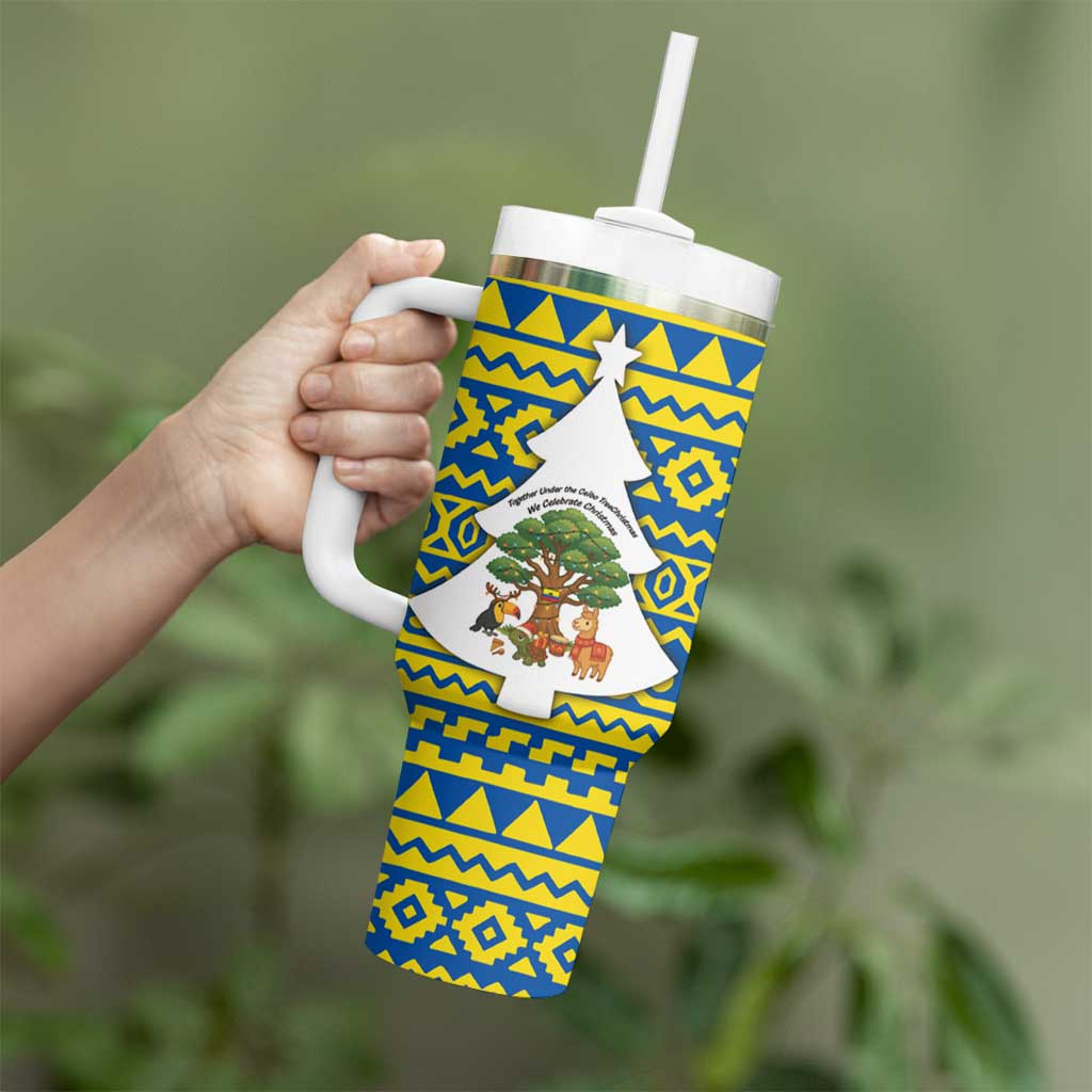 Ecuador Christmas Tumbler With Handle with Ceibo Tree Llama Toucan and Traditional Yellow Blue Pattern Design - Wonder Print Shop