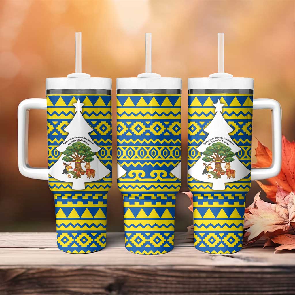 Ecuador Christmas Tumbler With Handle with Ceibo Tree Llama Toucan and Traditional Yellow Blue Pattern Design - Wonder Print Shop