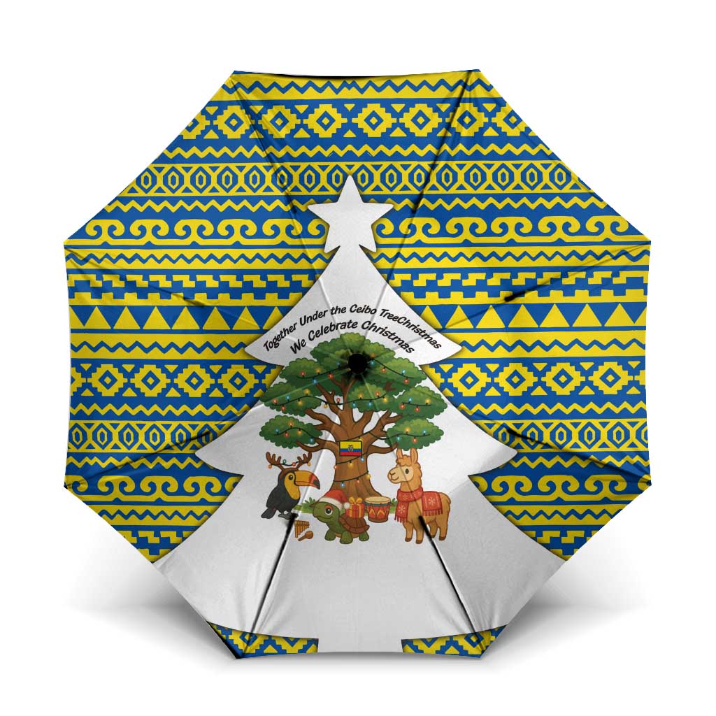 Ecuador Christmas Umbrella with Ceibo Tree Llama Toucan and Traditional Yellow Blue Pattern Design - Wonder Print Shop