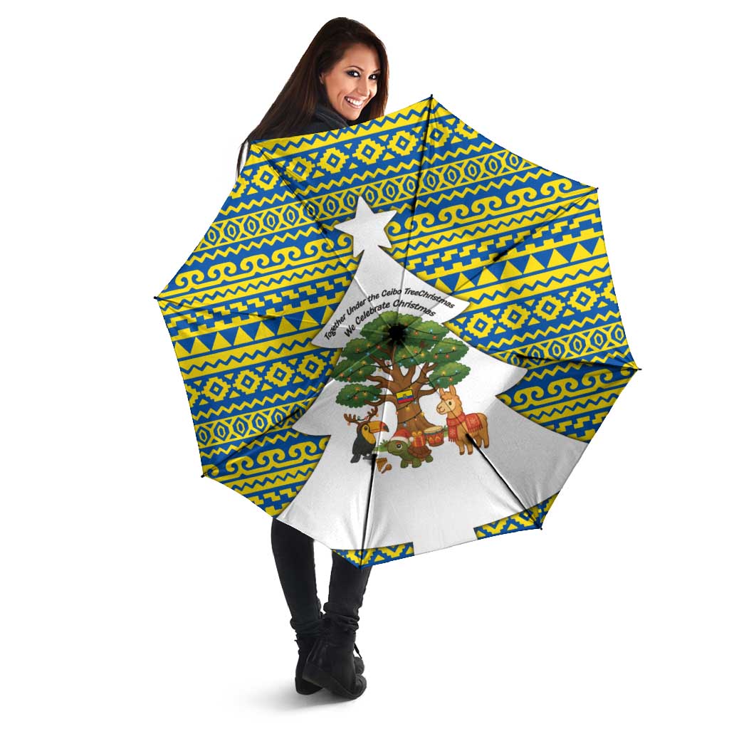Ecuador Christmas Umbrella with Ceibo Tree Llama Toucan and Traditional Yellow Blue Pattern Design - Wonder Print Shop