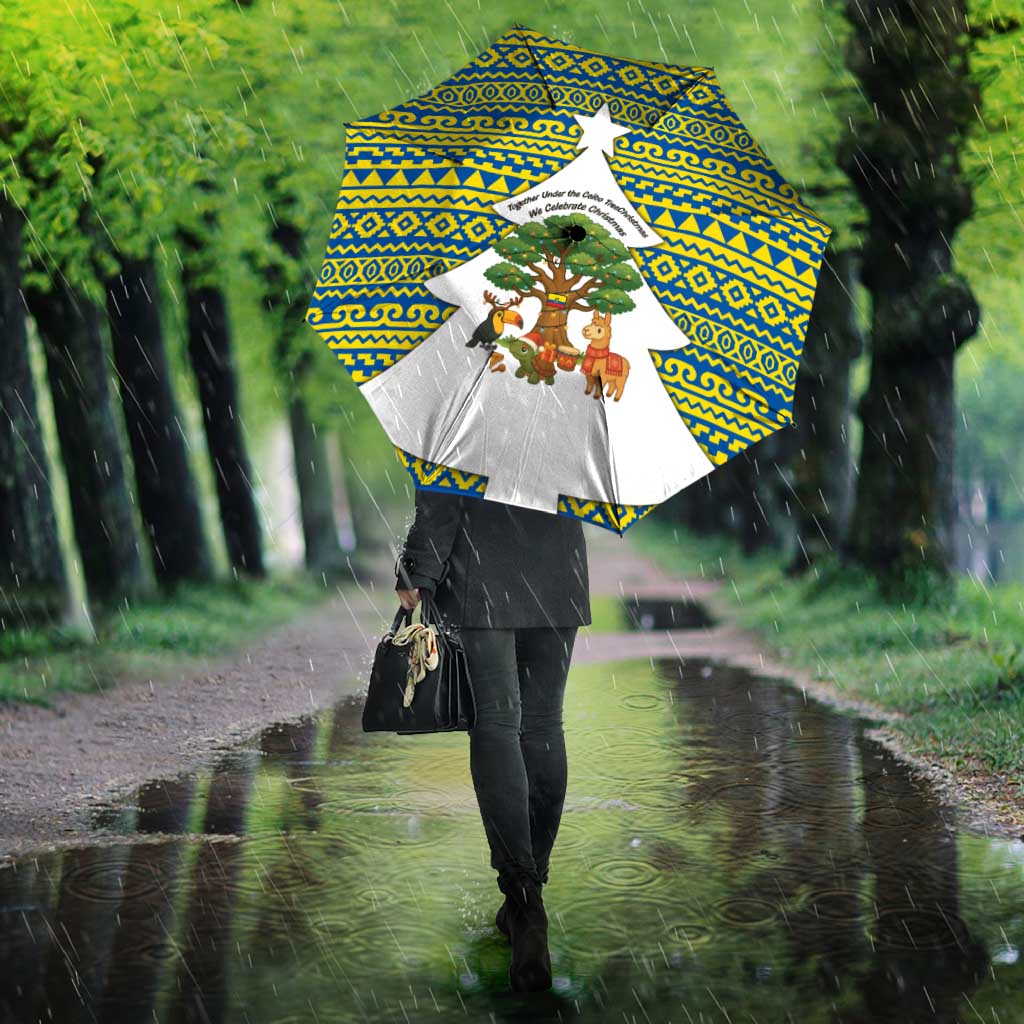 Ecuador Christmas Umbrella with Ceibo Tree Llama Toucan and Traditional Yellow Blue Pattern Design - Wonder Print Shop