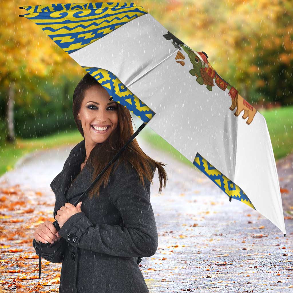 Ecuador Christmas Umbrella with Ceibo Tree Llama Toucan and Traditional Yellow Blue Pattern Design - Wonder Print Shop