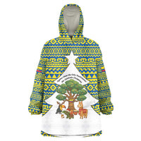 Ecuador Christmas Wearable Blanket Hoodie with Ceibo Tree Llama Toucan and Traditional Yellow Blue Pattern Design - Wonder Print Shop