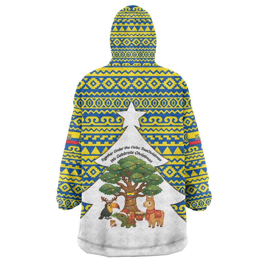 Ecuador Christmas Wearable Blanket Hoodie with Ceibo Tree Llama Toucan and Traditional Yellow Blue Pattern Design - Wonder Print Shop
