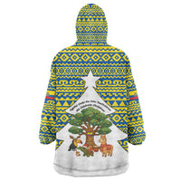 Ecuador Christmas Wearable Blanket Hoodie with Ceibo Tree Llama Toucan and Traditional Yellow Blue Pattern Design - Wonder Print Shop